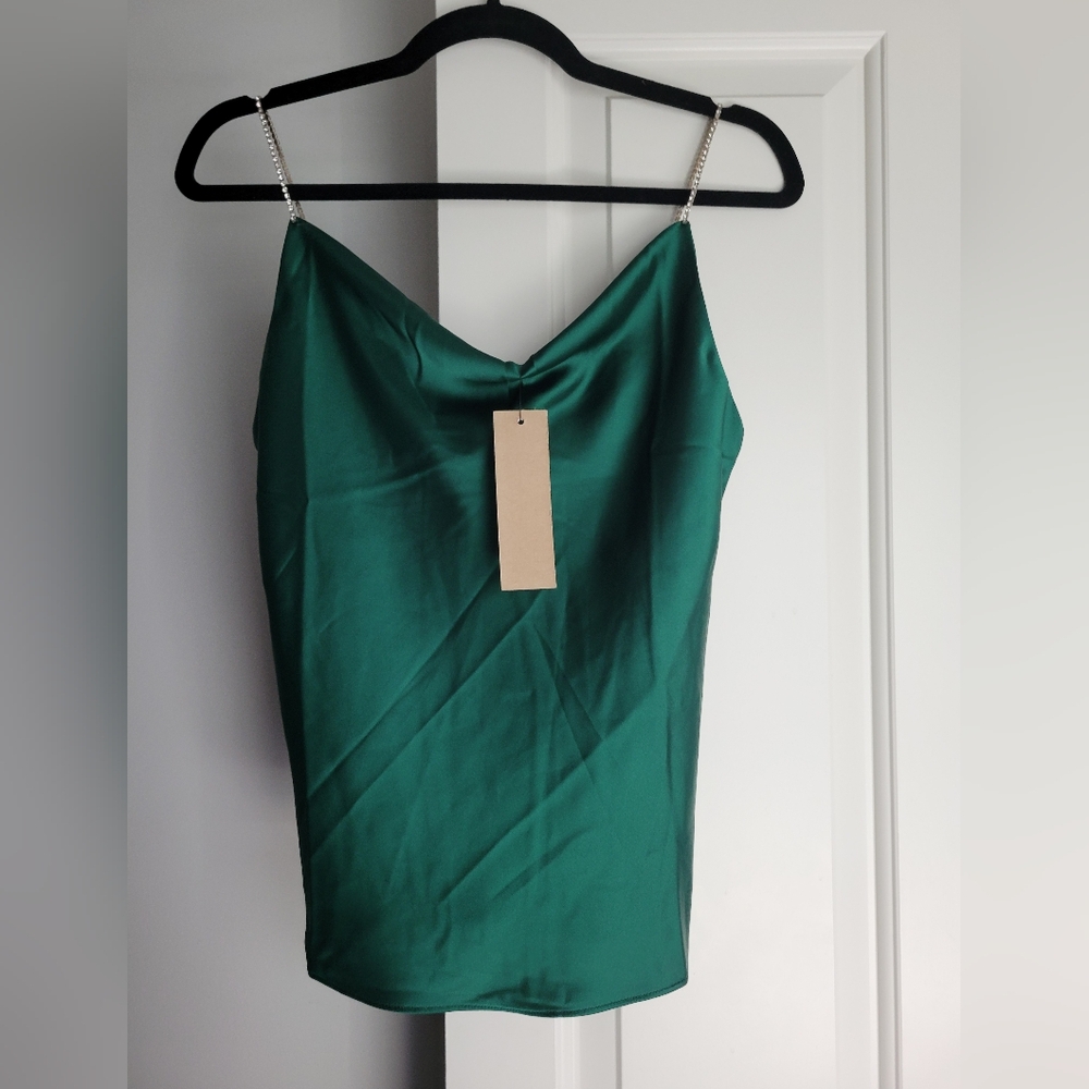 Dobe. Elegant Green Satin Top. Rhinestone Straps. New